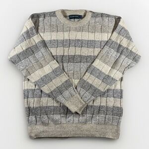 Carmel Mens Medium Sweater Made in USA Textured Check Knit Beige Gray Vintage